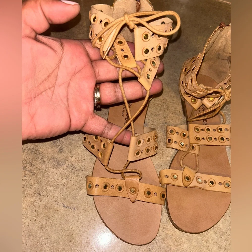 Barbara Barbieri Tan Gladiator Sandals - studded lace up flats